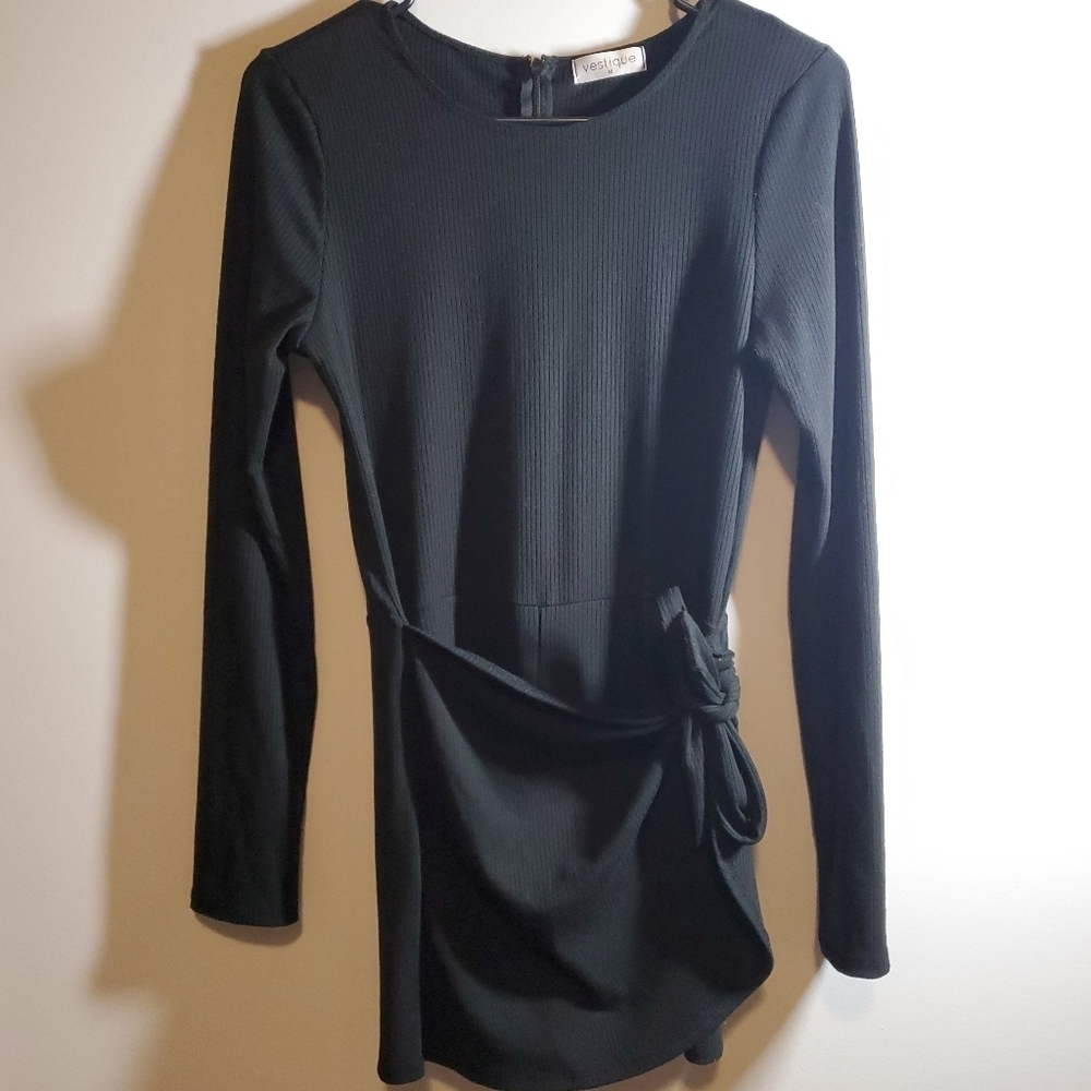 Vestique Boutique Black Ribbed Romper with Tie Across Section creating Skirt